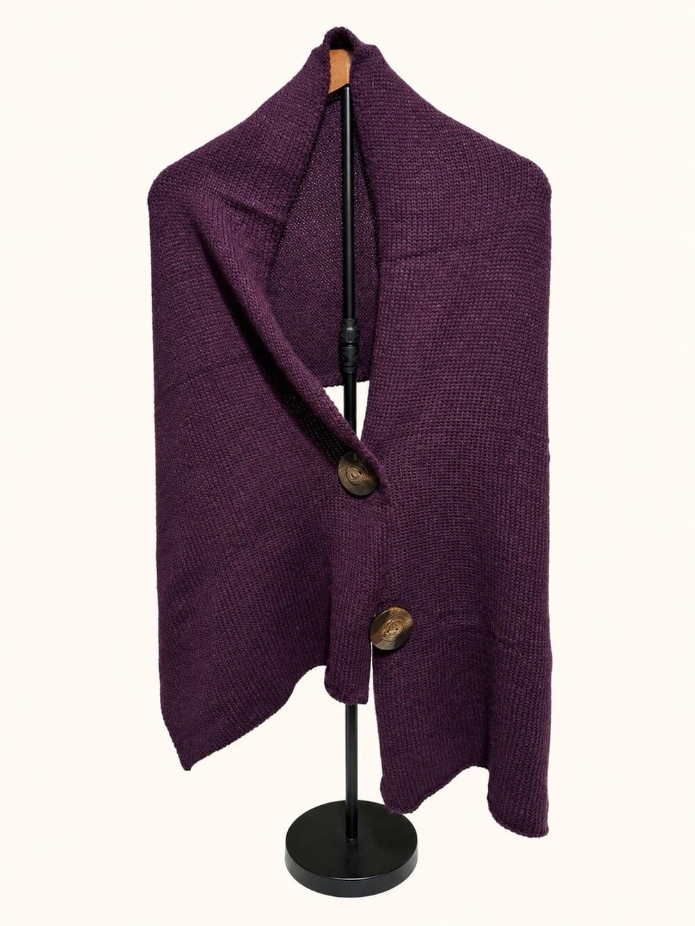 Plum Knit Button Wrap Scarf Shawl One Size Cozy Textured Knit Purple